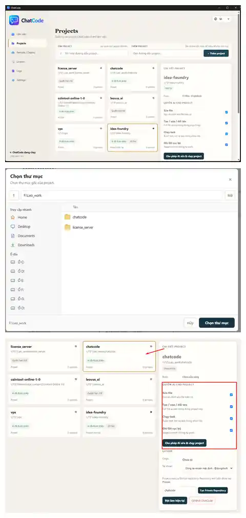 Giao diện Projects, hộp chọn thư mục và khu vực cấp quyền AI của ChatCode